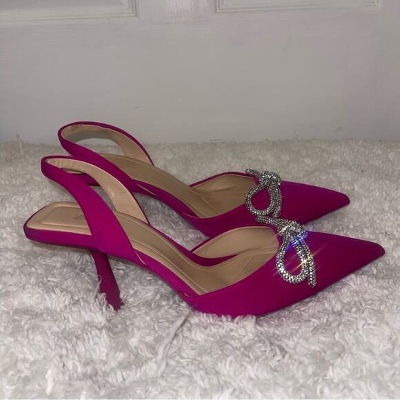 Zara Pink Slingback Heel Satin Effect Rhinestone Bow Shoes - Picture 9 of 9